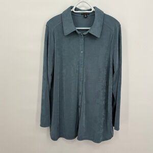 Nina Leonard Womens XL Dusty Blue Slinky Knit Button Down Shirt Long Sleeve